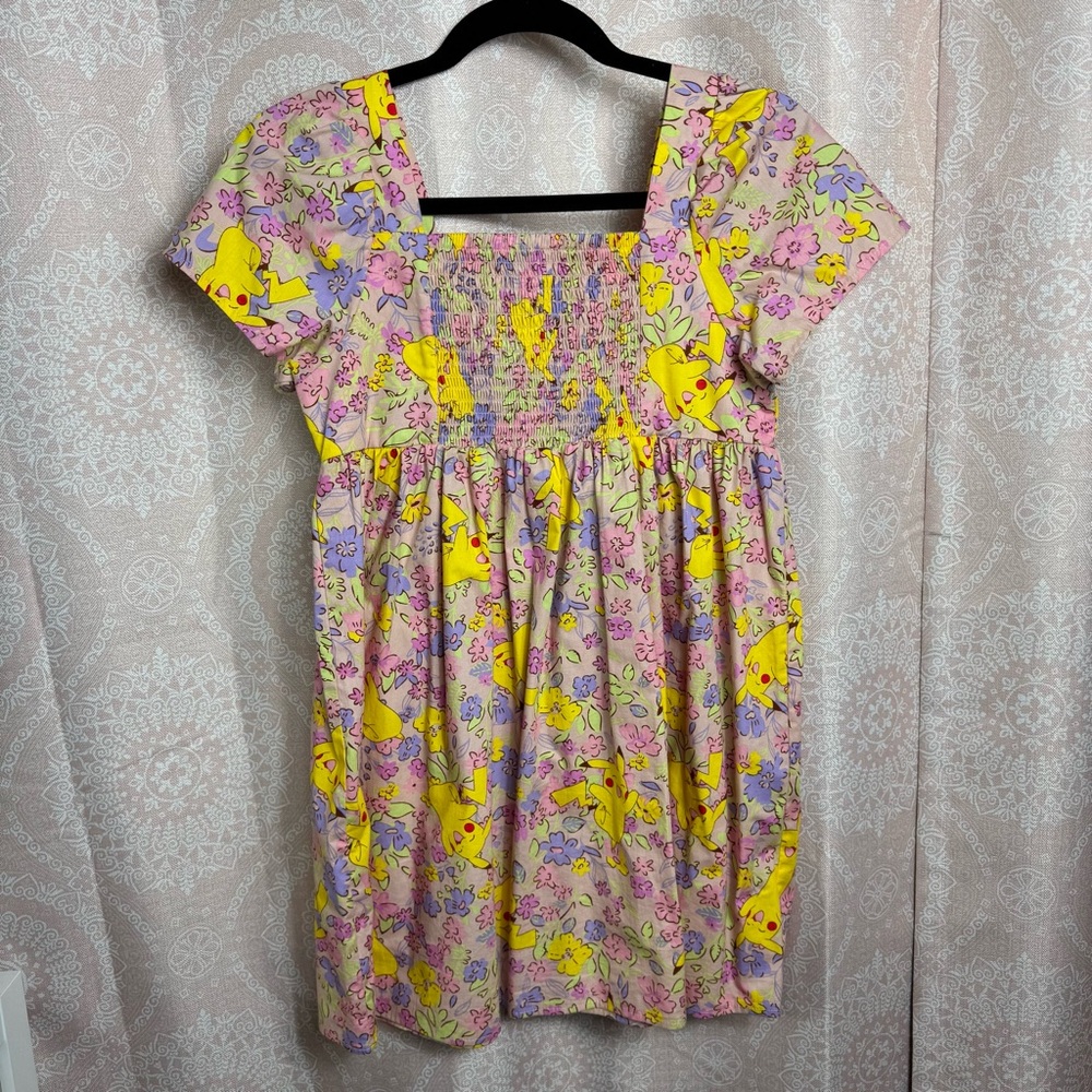 Floral Pikachu Kids A-Line Short Sleeve Smock Dress Cotton Size Girls XL (14) - Picture 2 of 8